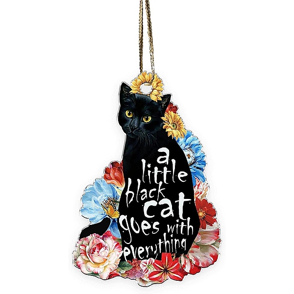 PandaHall Christmas Cat Shape Acrylic Pendant Decoration, with Nylon Rope and Iron Bell, for Car Rear View Mirror Hanging Ornament, Flower...