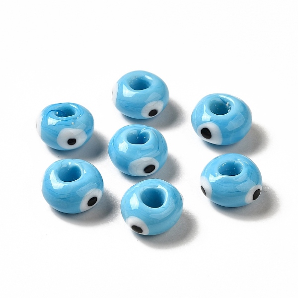 

PandaHall Handmade Evil Eye Lampwork Beads, Rondelle, Light Sky Blue, 13~14.5x13.5~15x8~9mm, Hole: 4.5mm Lampwork Rondelle