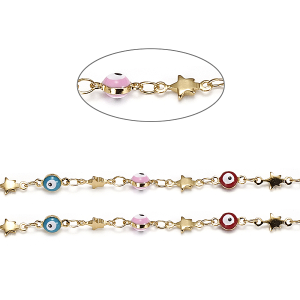 

PandaHall Handmade Brass Beaded Chains, with Enamel and Spool, Soldered, Long-Lasting Plated, Evil Eyes & Star, Colorful, Real 18K Gold...