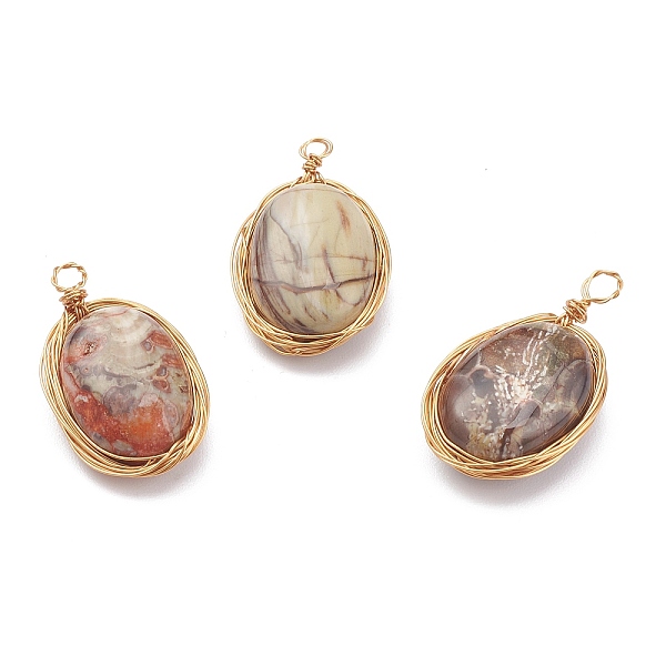 

PandaHall Natural Crazy Agate Pendants, with Golden Copper Wire Findings, Oval, 24.5~28x14.5~16x8mm, Hole: 2mm Crazy Agate Oval