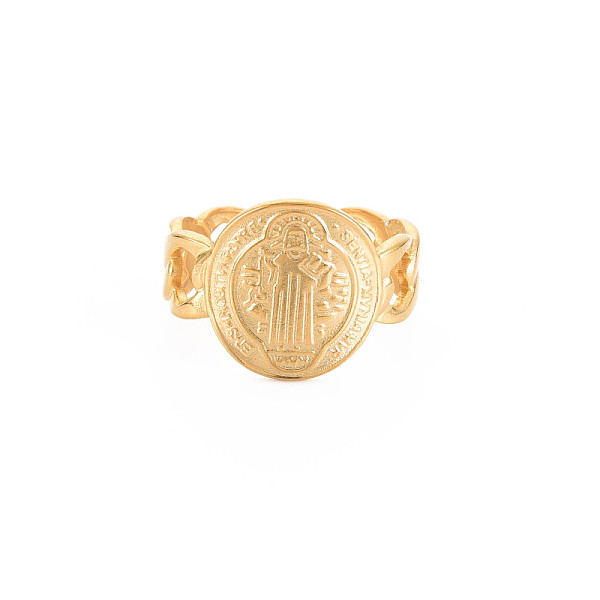 

PandaHall Ion Plating(IP) 304 Stainless Steel Flat Round with Jesus Wide Open Cuff Ring for Women, Nickel Free, Real 18K Gold Plated, US...