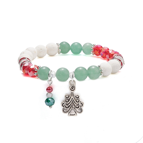 

PandaHall Natural Lava Rock(Dyed) & Green Aventurine Stretch Bracelet, Alloy Tree & Glass Charm Christmas Bracelet for Women, Colorful...