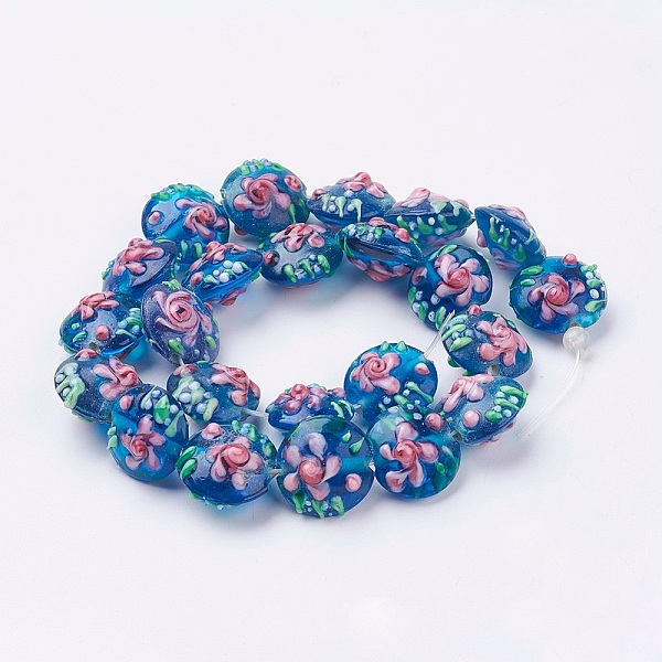 

PandaHall Handmade Bumpy Lampwork Beads Strands, Flat Round with Flower, Dodger Blue, 17~20.5x10~14mm, Hole: 1.4mm Lampwork Flat Round Blue