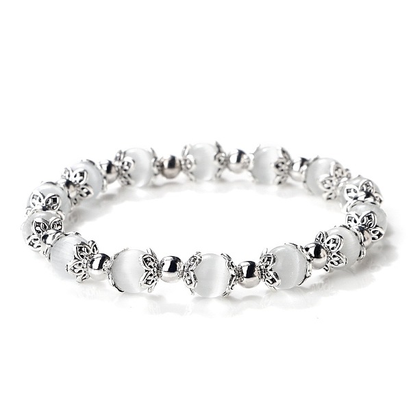 White Cat Eye Round Beaded Stretch Bracelets For Women