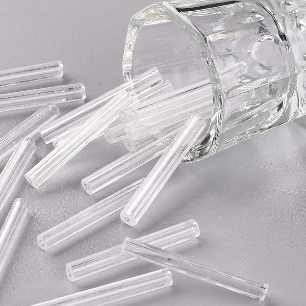 

PandaHall Glass Bugle Beads, Round Hole, Opaque Colours, Clear, 28x3mm, Hole: 1.2mm, about 850pcs/pound Glass Clear
