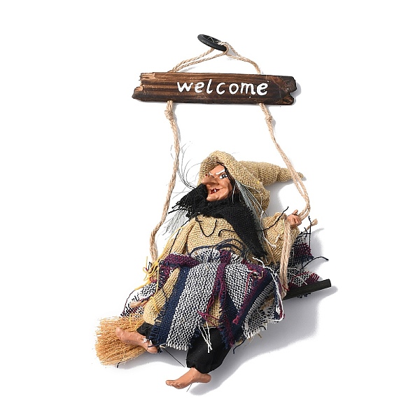 

PandaHall Halloween Flying Witch Cloth Hanging Decorations, with Wood Welcome Sign, for Ghost Festival Bar Decoration, Moccasin..., Orange