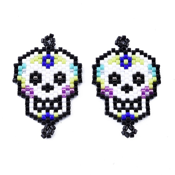 

PandaHall Handmade Seed Beads Links Connectors, with Elastic Thread, Loom Pattern, Sugar Skull, For Mexico Holiday Day of The Dead, Black...