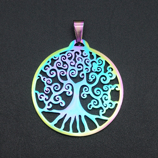 

PandaHall Ion Plating(IP) 201 Stainless Steel Pendants, Laser Cut, Flat Round with Tree of Life, Rainbow Color, 32x29.5x1mm, Hole: 7x3mm 201...
