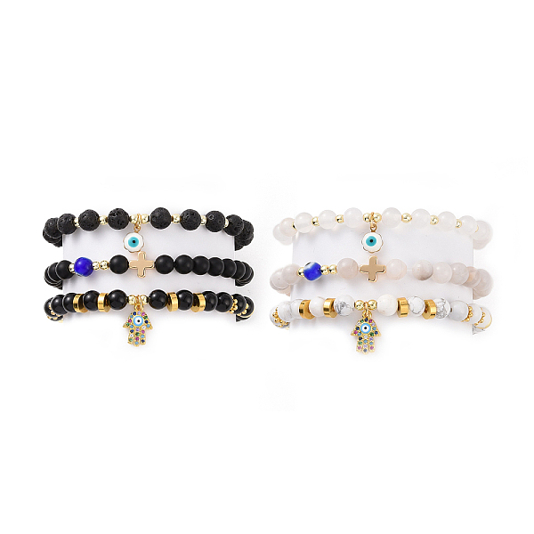 

PandaHall 6Pcs 6 Style Natural Mixed Gemstone Beaded Stretch Bracelets Set, Lampwork Evil Eye & Cubic Zirconia Hamsa Hand & 304 Stainless...