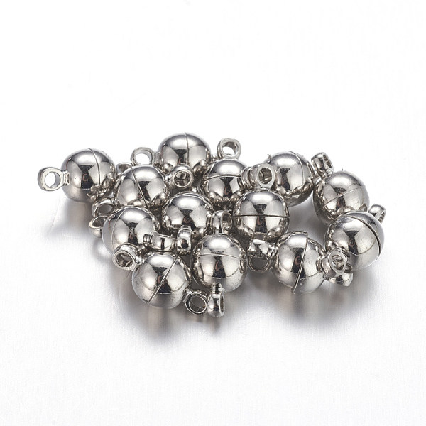 

PandaHall Brass Magnetic Clasps with Loops, Nickel Free, Round, Platinum, 11.5x6mm, Hole: 1.2mm Brass Round