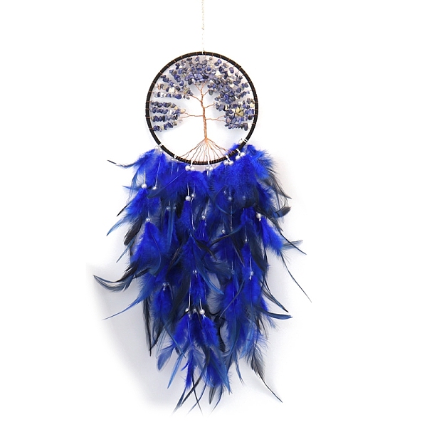 

PandaHall Natural Sodalite Tree of Life Hanging Ornaments, Woven Web/Net with Feather Pendant Decorations, 600x160mm Sodalite Tree of Life..., Blue