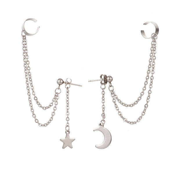 

PandaHall 304 Stainless Steel Ear Cuff Drop Chains Stud Earrings, Star & Moon Asymmetrical Earrings for Women, Stainless Steel Color, 119mm..., Multicolor