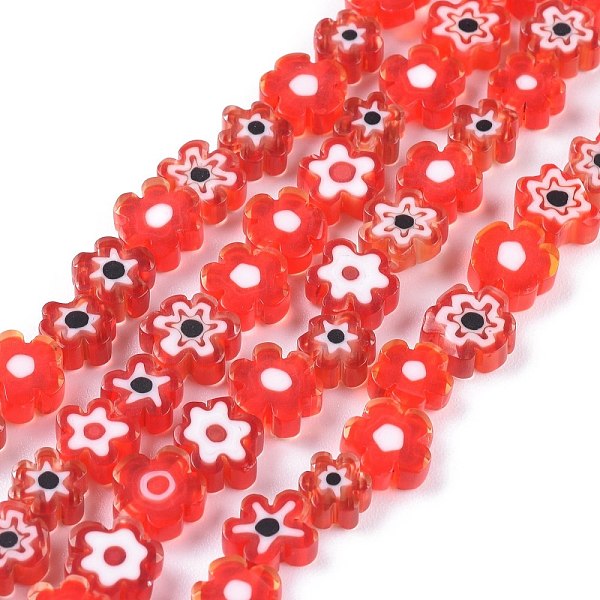 PandaHall Handmade Millefiori Glass Bead Strands, Flower, Red, 6.4~9x3.2mm, Hole: 1mm, about 56pcs/Strand, 15.75''(40cm) Millefiori Lampwork...