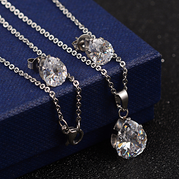 

PandaHall Teardrop 304 Stainless Steel Cubic Zirconia Pendant Necklaces and Stud Earrings, Clear, 17.7 inch, 9x7x6mm, Pin:0.8mm Cubic...