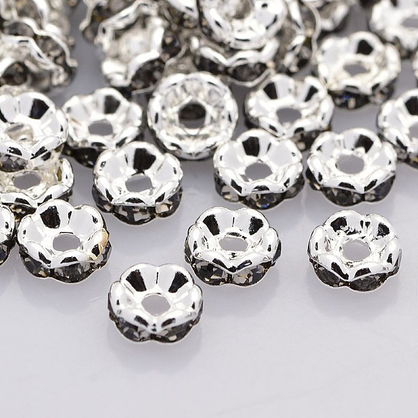 

PandaHall Brass Rhinestone Spacer Beads, Grade A, Wavy Edge, Silver Color Plated, Rondelle, Black Diamond, 8x3.8mm, Hole: 1mm..., Gray