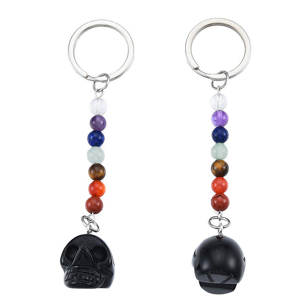 

PandaHall Natural Black Obsidian Skull Pendant Keychain, Rainbow 7 Chakra Gemstone Beaded Yoga Keychain, for Women's Girls Healing...