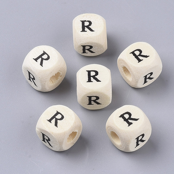 

PandaHall Printed Natural Wood Beads, Horizontal Hole, Cube with Initial Letter, PapayaWhip, Letter.R, 10x10x10mm, Hole: 3.5mm Schima Wood..., Orange