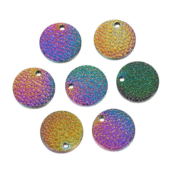 

PandaHall Ion Plating(IP) 304 Stainless Steel Charms, Textured, Laser Cut, Flat Round, Rainbow Color, 12x1mm, Hole: 1.4mm 304 Stainless...