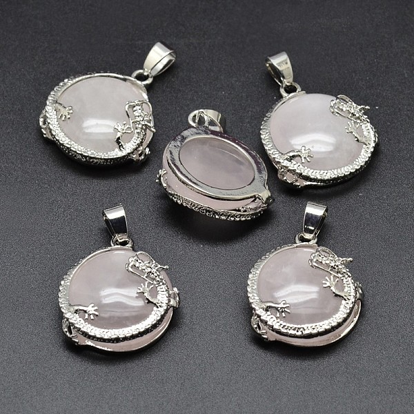 

PandaHall Flat Round with Dragon Platinum Plated Brass Natural Rose Quartz Pendants, Cadmium Free & Lead Free, 26.5x24x9mm, Hole: 7x4mm Rose...