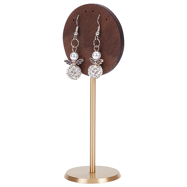 

PandaHall Walnut Wood Earring Display Stand, with Iron Base, Hanging Earring Organizer, Round Pattern, 4x4x12.1cm Wood Round