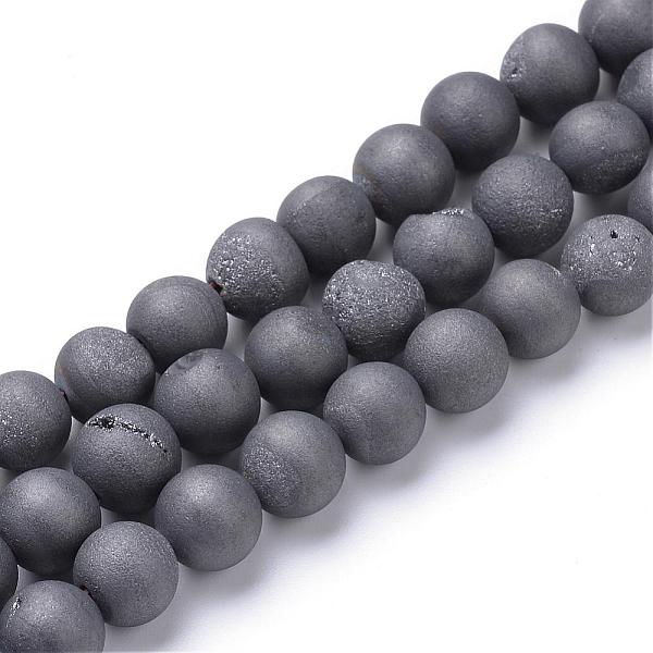 PandaHall Electroplated Natural Druzy Geode Agate Bead Strands, Matte Style, Round, Gray Plated, 8~9mm, Hole: 1mm, about 46pcs/strand, 14.7...