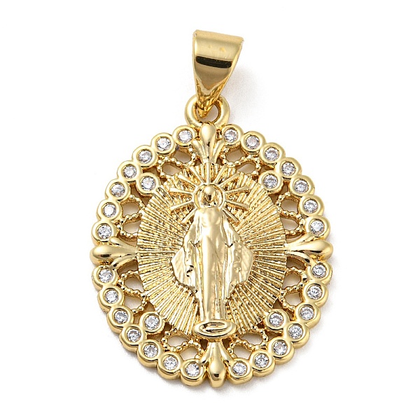 

PandaHall Rack Plating Brass Micro Pave Clear Cubic Zirconia Pendants, Cadmium Free & Lead Free, Oval with Saint, Real 18K Gold Plated...