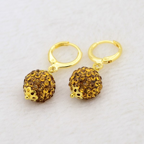 

PandaHall Dangling Round Ball Resin Rhinestone Earrings, with Golden Plated Brass Leverback Hoop Earring Settings, Topaz, 30mm, Pin: 1mm..., Yellow