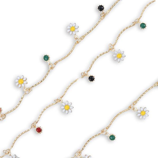 

PandaHall Handmade Golden Brass Curved Bar Link Chains, with Enamel Flower & Sun Charms, Unwelded, with Spool, Nickel Free, Colorful..., White