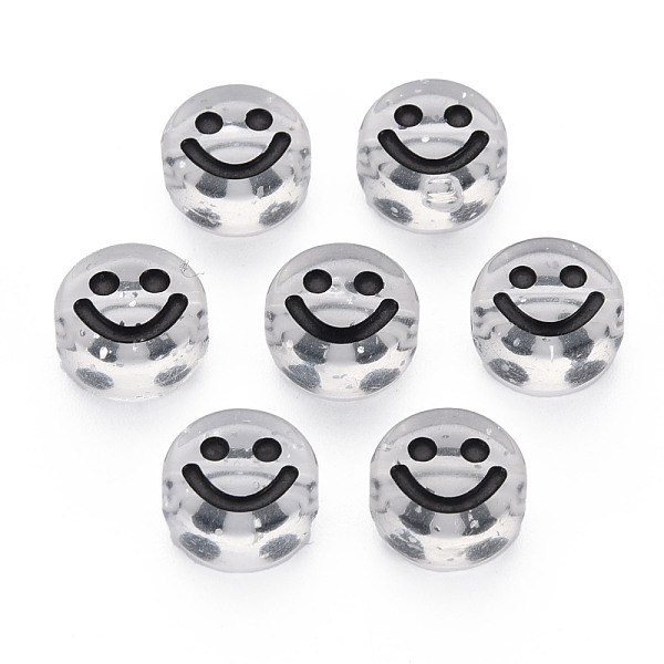 

PandaHall Transparent Acrylic Beads, with Glitter Powder, Flat Round with Black Enamel Smile Face, Clear, 10x5mm, Hole: 2mm, about...