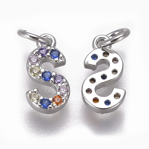

PandaHall Brass Micro Pave Cubic Zirconia Charms, Letter, Colorful, Platinum, Letter.S, 9.3x5x1.8mm, Hole: 2mm Brass+Cubic Zirconia Letter S