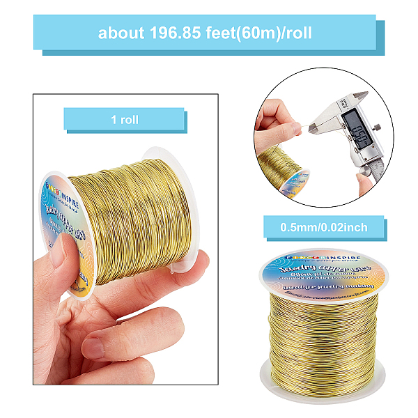 

PandaHall Fingerinspire Round Copper Jewelry Wire, with Spool, Golden, 24 Gauge, 0.5mm, about 196.85 Feet(60m)/Bag Copper Round