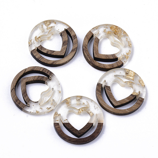 

PandaHall Resin & Walnut Wood Pendants, with Gold Foil, Ring with Heart, Clear, 25x3mm, Hole: 1.8mm Resin+Wood Ring Clear
