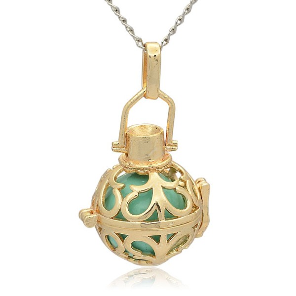 

PandaHall Golden Tone Brass Hollow Round Cage Pendants, with No Hole Spray Painted Brass Round Beads, Medium Turquoise, 33x24x21mm, Hole...