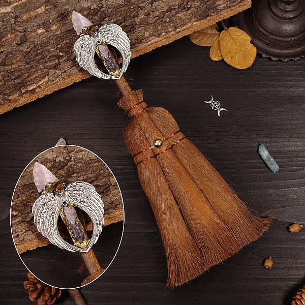 

PandaHall Natural Rose Quartz Witch Altar Broom, Miniature Wicca Brush, Mane Broomstick for Magic Ceremonial, Halloween Wiccan Ritual, with...