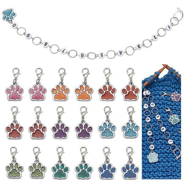 

PandaHall Knitting Row Counter Chains & Locking Stitch Markers Kits, with Dog Paw Print Alloy Enamel Glitter Powder Pendant and Acrylic..., Multicolor