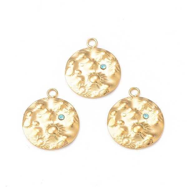 

PandaHall 304 Stainless Steel Rhinestone Pendants, Textured, Flat Round Charm, Real 18K Gold Plated, 18x15x2mm, Hole: 1.8mm Stainless..., Blue