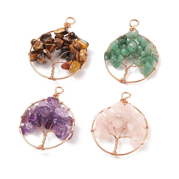 

PandaHall Natural Gemstone Chip Pendants, with Champagne Gold Tone Copper Wire Wrapped, Flat Round with Tree, Mixed Dyed and Undyed, Mixed..., Multicolor