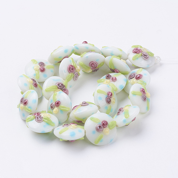 

PandaHall Handmade Bumpy Lampwork Beads Strands, Flat Round with Flower, White, 17~20.5x10~14mm, Hole: 1.4mm Lampwork Flat Round White