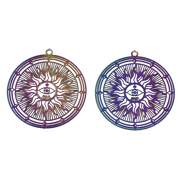 

PandaHall Ion Plating(IP) 201 Stainless Steel Filigree Pendants, Etched Metal Embellishments, Flat Round with Sun, Rainbow Color...