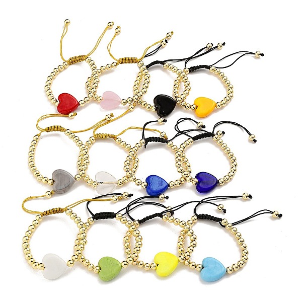 

PandaHall Handmade Lampwork Heart Bracelets, Adjustable 6mm Round Brass Braided Bead Bracelets for Women, Real 18K Gold Plated, Mixed Color..., Multicolor