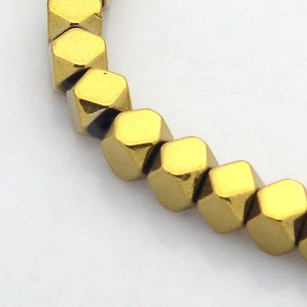 

PandaHall Electroplate Non-magnetic Synthetic Hematite Beads Strands, Faceted Cube, Golden Plated, 4x4x4mm, Hole: 1mm, about 103pcs/strand...