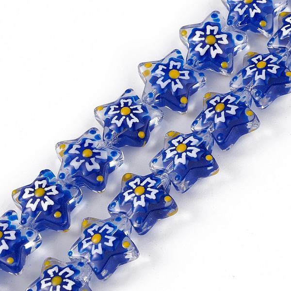 

PandaHall Handmade Lampwork Beads Strands, with Enamel, Star with Sakura Pattern, Blue, 13x13.5x12mm, Hole: 1mm, about 33pcs/strand, 14.72...