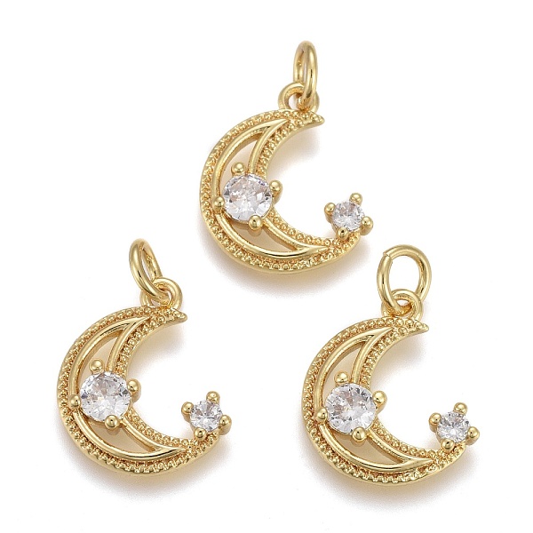 

PandaHall Brass Micro Pave Clear Cubic Zirconia Charms, with Jump Rings, Long-Lasting Plated, Moon, Real 18K Gold Plated, 14x13x3mm, Hole...