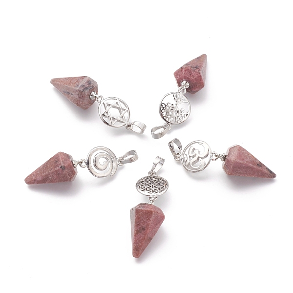 

PandaHall Natural Rhodochrosite Pendants, with Platinum Brass Snap on Bails, Votex/Om Symbol/Tree of Life/Flower of Life/Star of David, Cone...