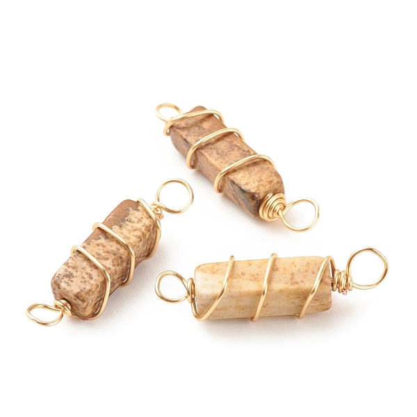 

PandaHall Natural Picture Jasper Connector Charms, with Golden Tone Copper Wire Wrapped, Cuboid, 22~23.5x6~7x5.5~6mm, Hole: 2.5~3.2mm...