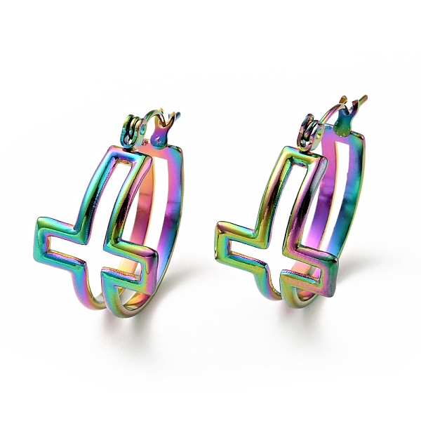 

PandaHall Ion Plating(IP) Rainbow Color 304 Stainless Steel Cross Hoop Earrings for Women, 22x21x14mm, Pin: 0.8mm 304 Stainless Steel Cross