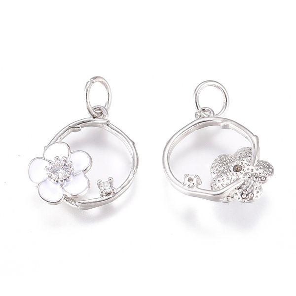 

PandaHall Brass Charms, with Micro Pave Cubic Zirconia, Enamel and Jump Rings, Ring with Flower, Clear & White, Platinum, 14.5x11.5x3mm...