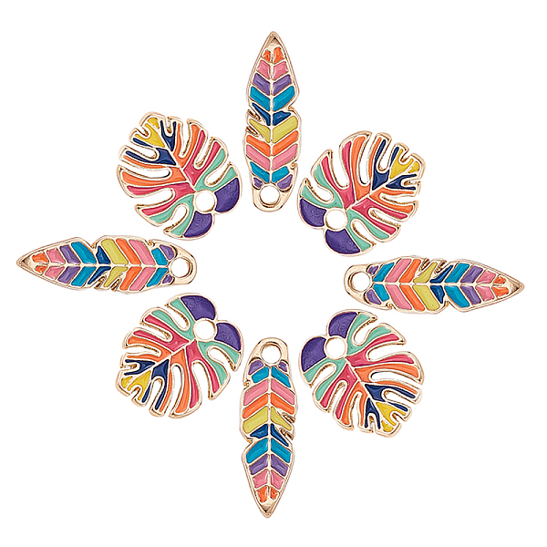 

PandaHall 20Pcs 2 Styles Zinc Alloy Enamel Pendants, Feather & Leaf, Light Gold, Colorful, 20~27.5x9~17x1.5~2mm, Hole: 2.5~3mm, 10pcs/style...