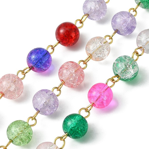 

PandaHall Crackle Glass Round Beaded Chain, with 304 Stainless Steel Findings, Unwelded, Colorful, 14x8mm, about 3.28 Feet(1m)/Strand Glass