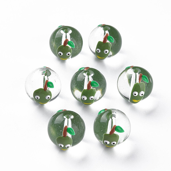 

PandaHall Transparent Glass Enamel Beads, Round with Cartoon, Dark Olive Green, 13.5~14x12~12.5x11.5mm, Hole: 1.6~2mm Glass Round